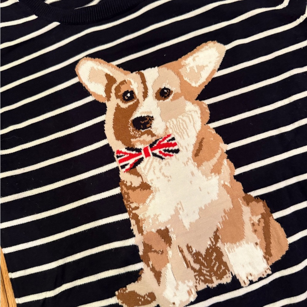 Striped Sweater  Corgi Design w Union Jack Bow tie London British travel Royal - Picture 2 of 6